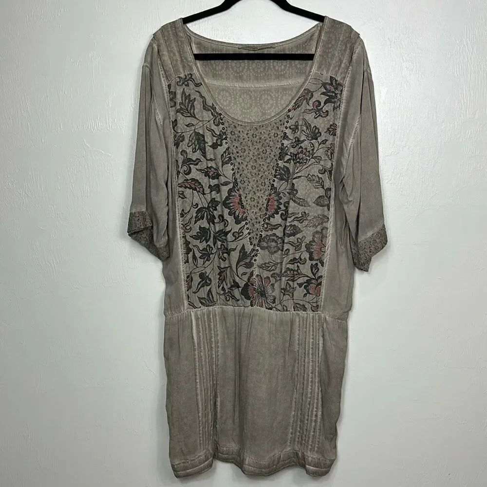 Angels Never Die Cotton Blend Gray Floral Print 3/4 Sleeve Tunic Top Size XL